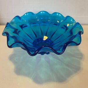 Vintage Ruffled Edges Blue Glass Decorative Bowl/Candy Dish